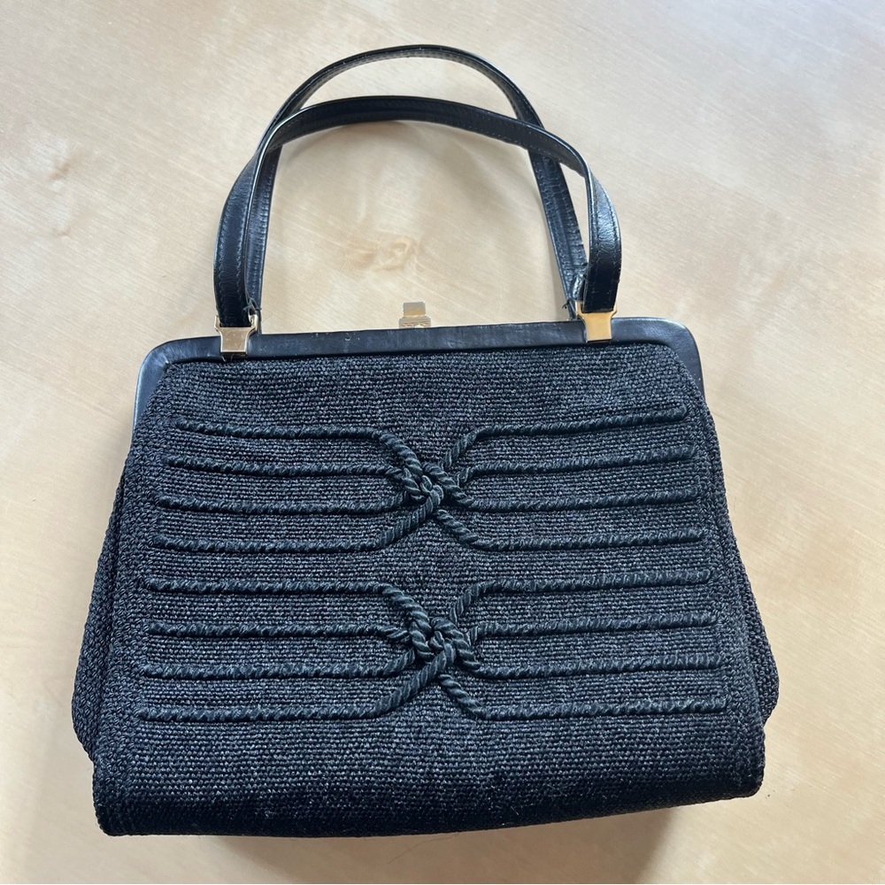 Vintage Structured Black Woven Handbag with push gold clasp